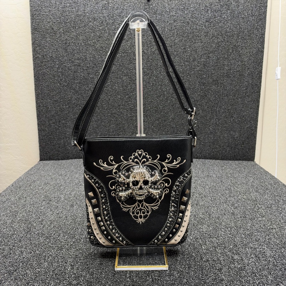 Unbranded Studded Rhinestone Skull Crossbody Bag Women Medium Black y2k style
